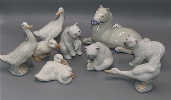 Three Lladro models of polar bears, 5 Nao models of geese and ducks and a Chinese ceramic horse